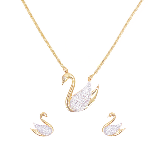 22ct Yellow Gold Elegant Swan Cubic Zirconia Necklace 18 inches & Matching Stud Earrings Set 