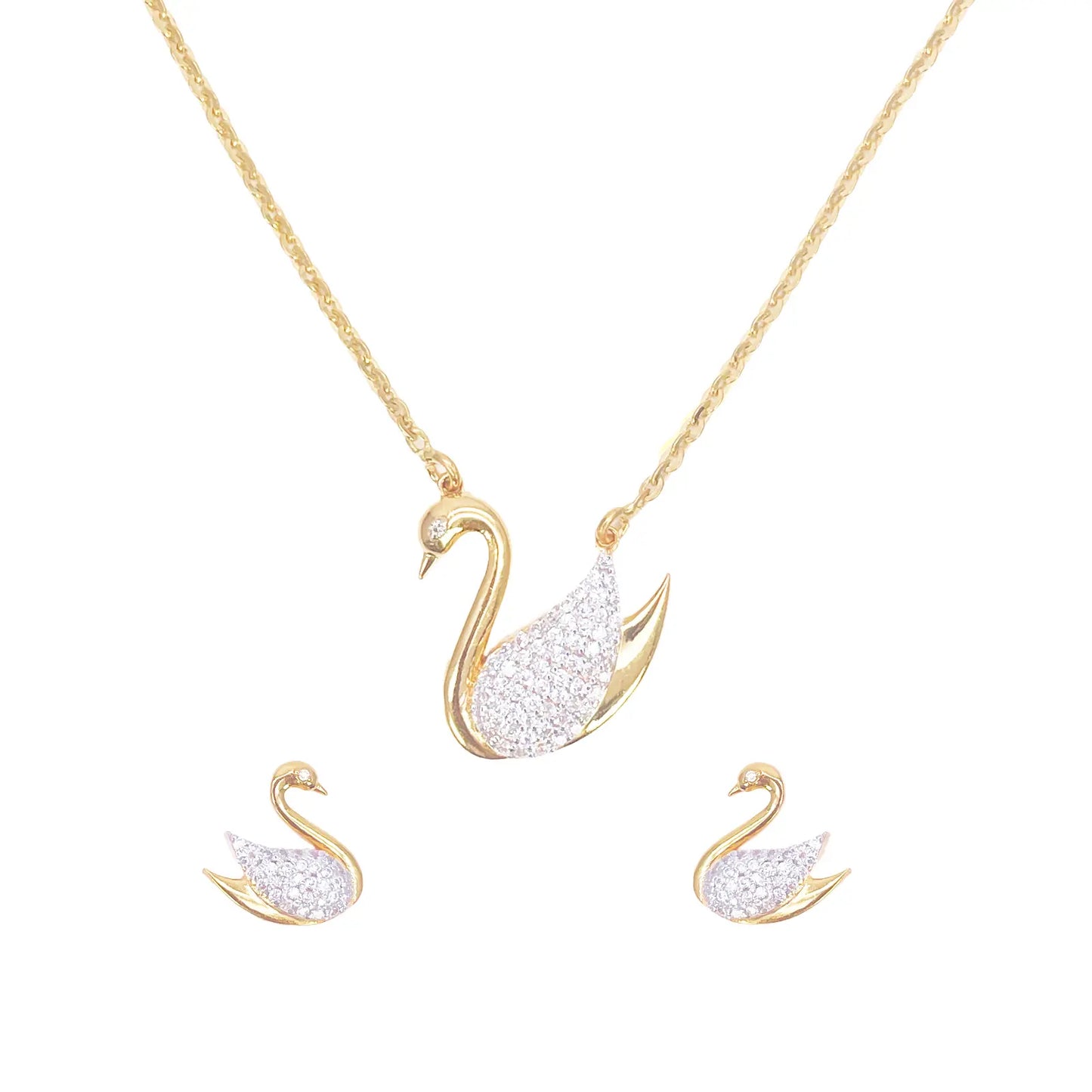 22ct Yellow Gold Elegant Swan Cubic Zirconia Necklace 18 inches & Matching Stud Earrings Set 