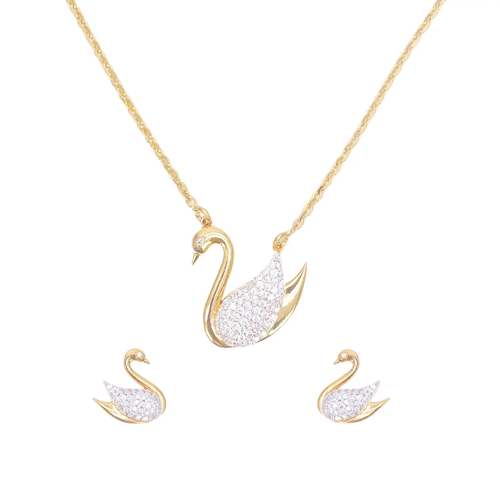 22ct Yellow Gold Elegant Swan Cubic Zirconia Necklace 18 inches & Matching Stud Earrings Set 