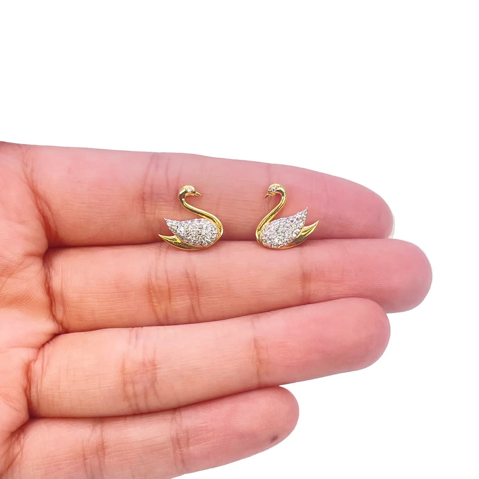 22ct Yellow Gold Elegant Swan Cubic Zirconia Necklace 18 inches & Matching Stud Earrings Set 