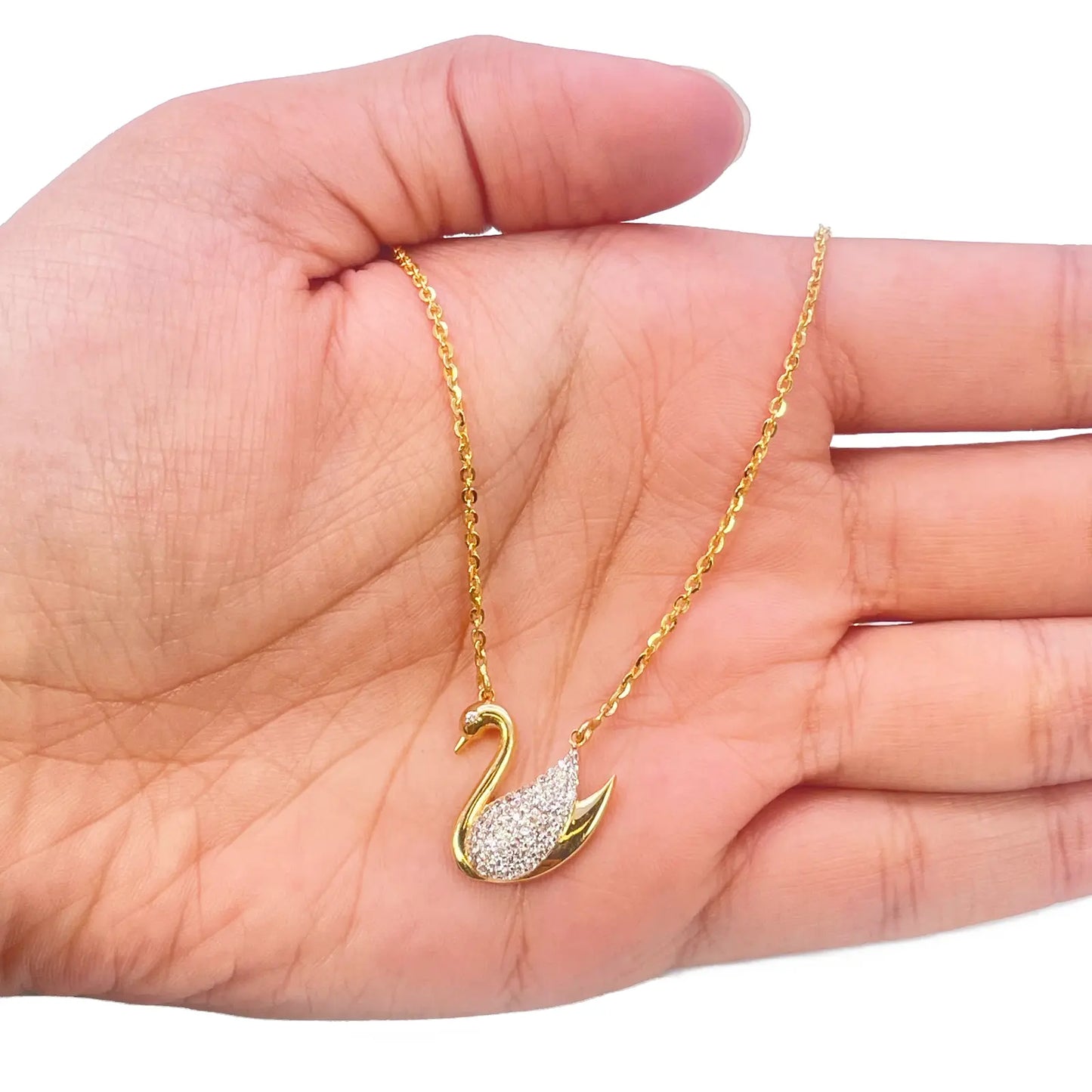 22ct Yellow Gold Elegant Swan Cubic Zirconia Necklace 18 inches & Matching Stud Earrings Set 