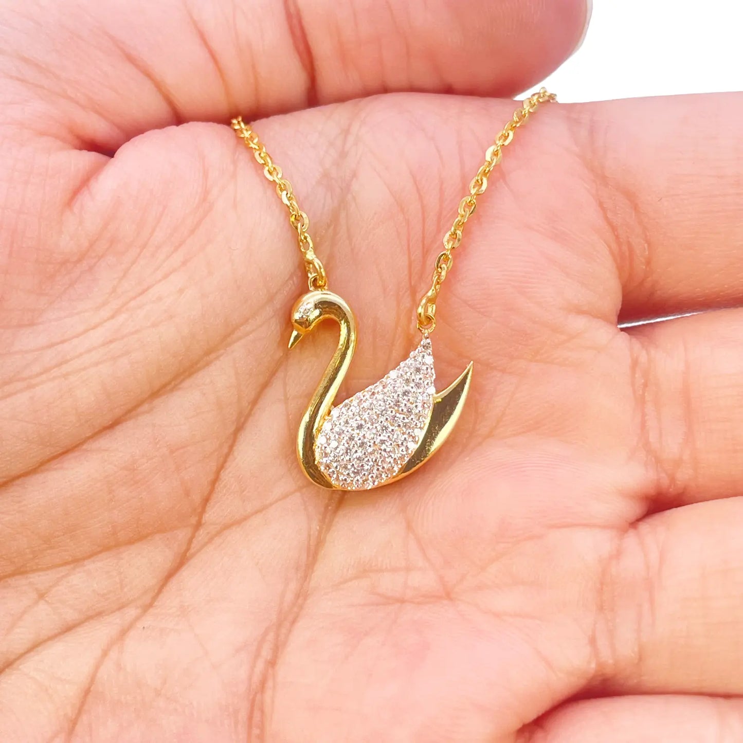22ct Yellow Gold Elegant Swan Cubic Zirconia Necklace 18 inches & Matching Stud Earrings Set 