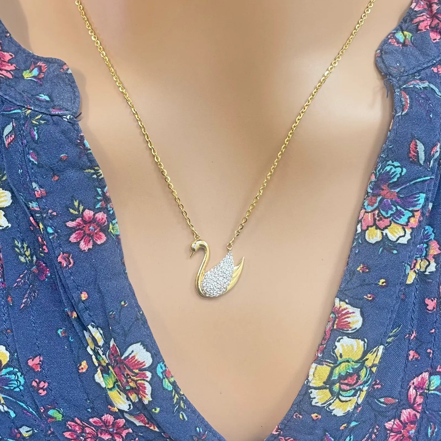 22ct Yellow Gold Elegant Swan Cubic Zirconia Necklace 18 inches & Matching Stud Earrings Set 