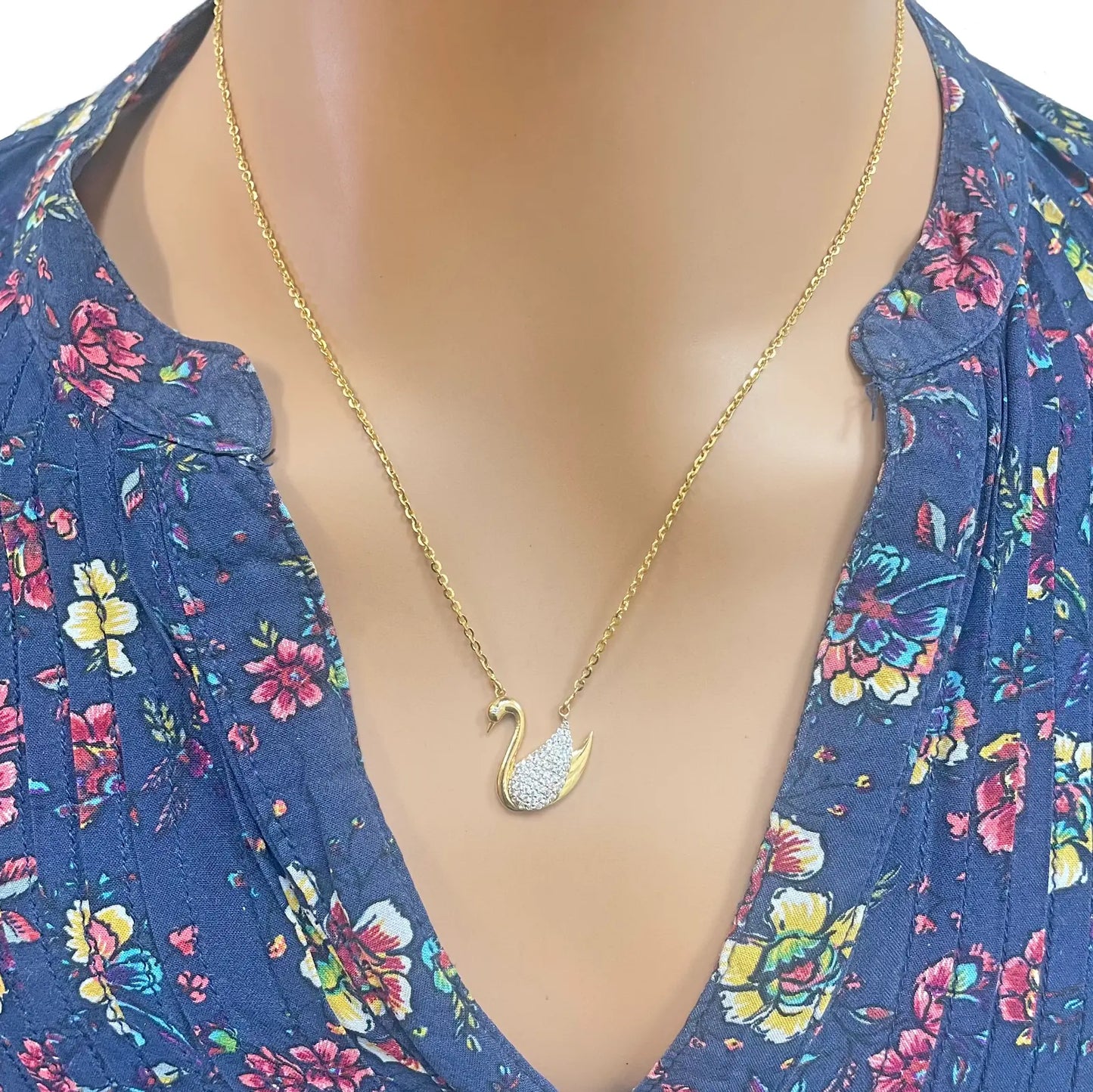 22ct Yellow Gold Elegant Swan Cubic Zirconia Necklace 18 inches & Matching Stud Earrings Set 