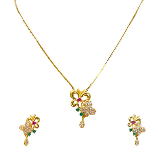 22ct Yellow Gold Floral Butterfly Necklace and Earrings Set 18.5 inches 