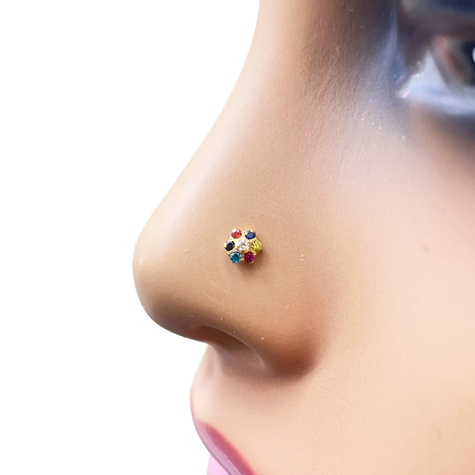 22ct Yellow Gold Floral Multicolour Stone Nose Pin/Stud 4 mm Width 