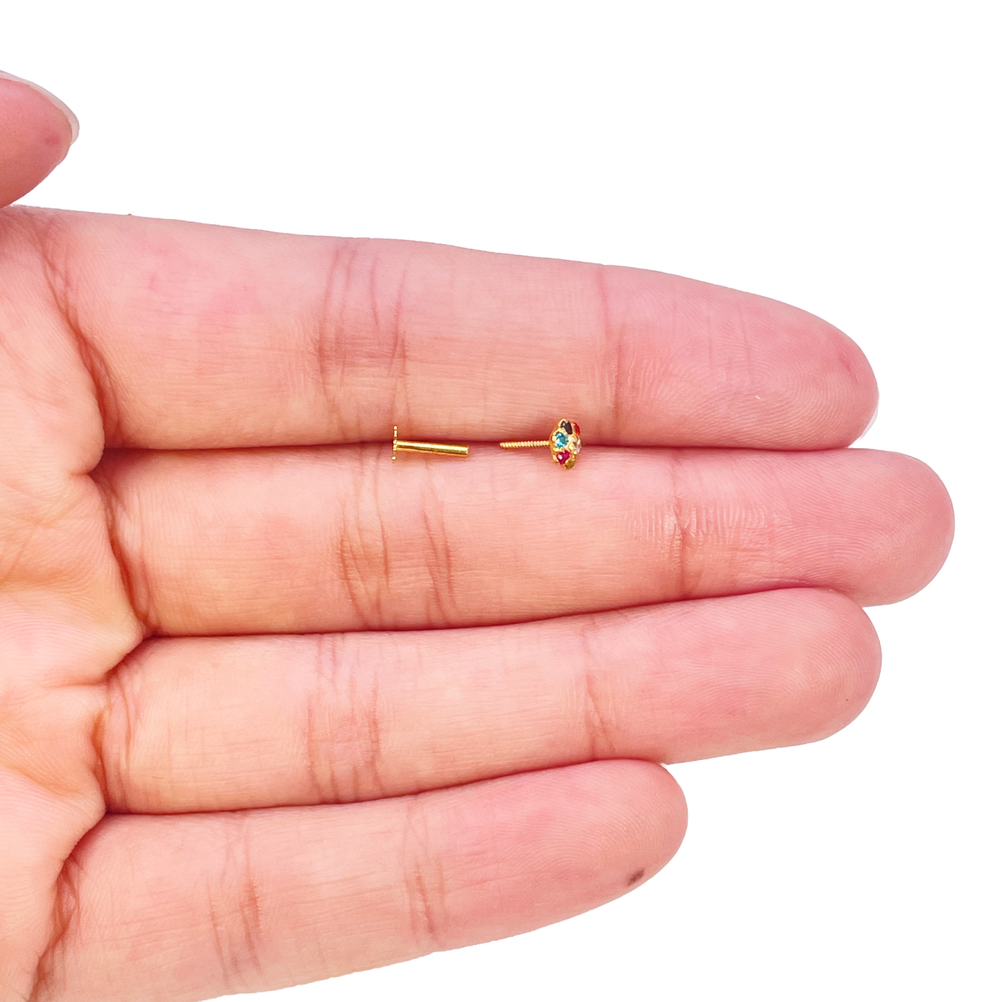 22ct Yellow Gold Floral Multicolour Stone Nose Pin/Stud 4 mm Width 