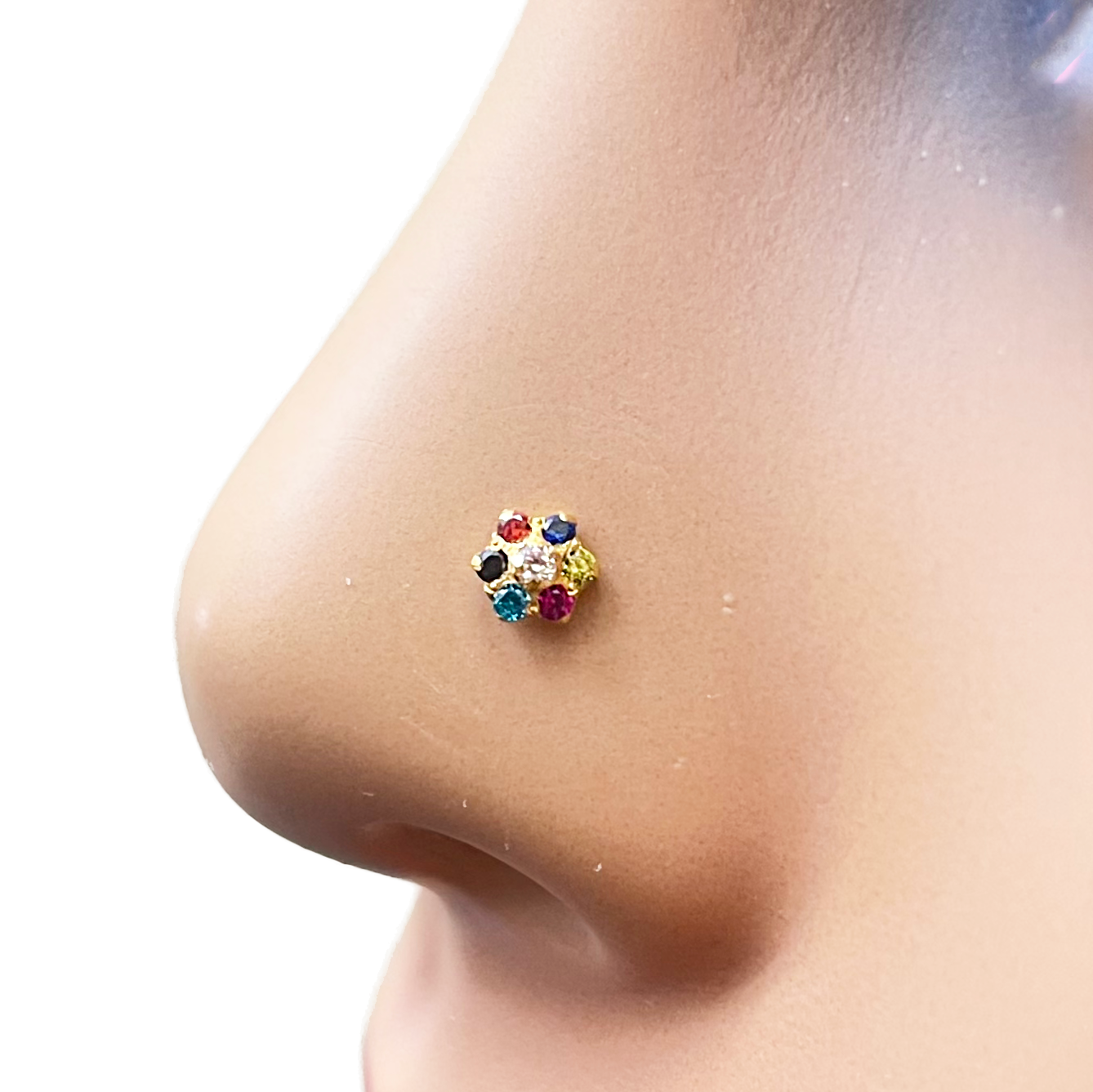 22ct Yellow Gold Floral Multicolour Stone Nose Pin/Stud 4 mm Width 
