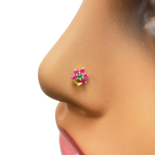 22ct Yellow Gold Floral Shaped Red & Green Gemstone Nose Pin/Stud 5.1mm Width 