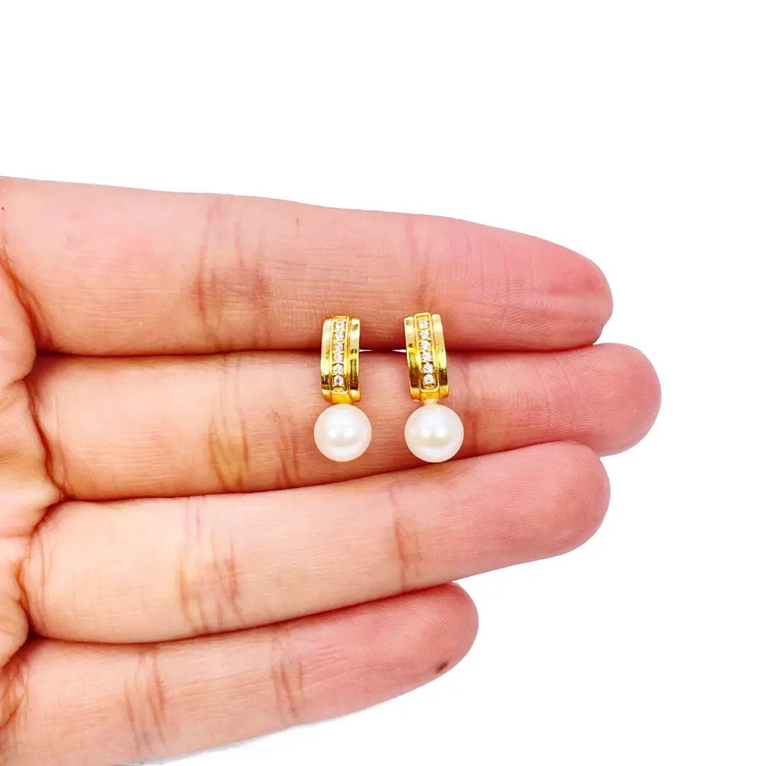 22ct Yellow Gold Freshwater Pearls Drop Stud Earrings 15.5mm Length 