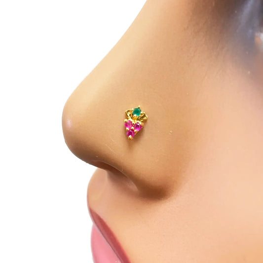 22ct Yellow Gold Fruit Red & Green Gemstone Nose Pin/Stud 4mm Width 