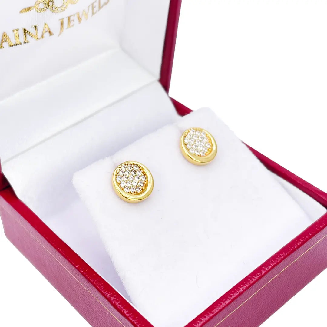22ct Yellow Gold High Polished Cubic Zirconia Round Button Stud Earrings 