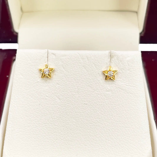 22ct Yellow Gold High Polished Cubic Zirconia Small Star Children's Earrings 4mm Width 