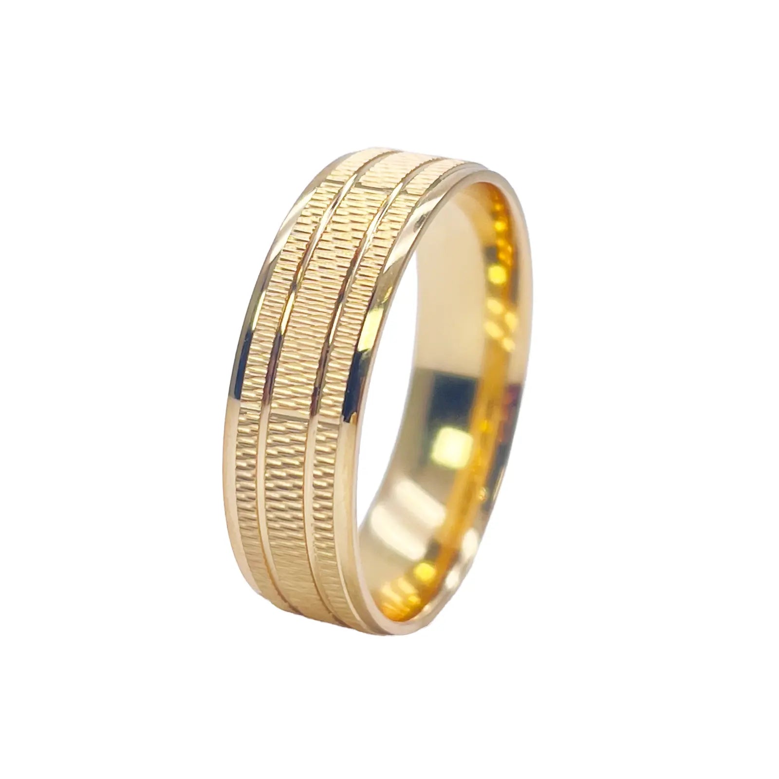 22ct Yellow Gold High Polished & Triple Row Textured Men's Wedding Band 6mm 