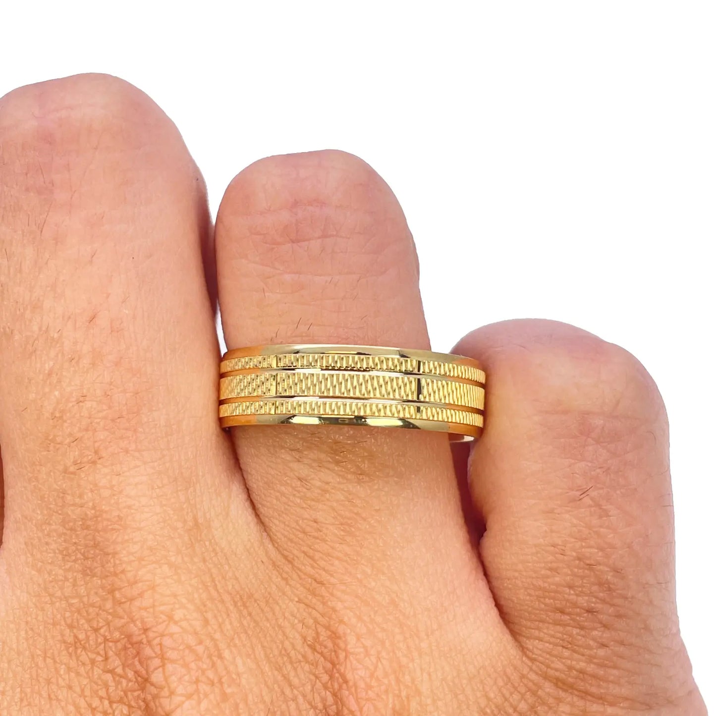 22ct Yellow Gold High Polished & Triple Row Textured Men's Wedding Band 6mm 