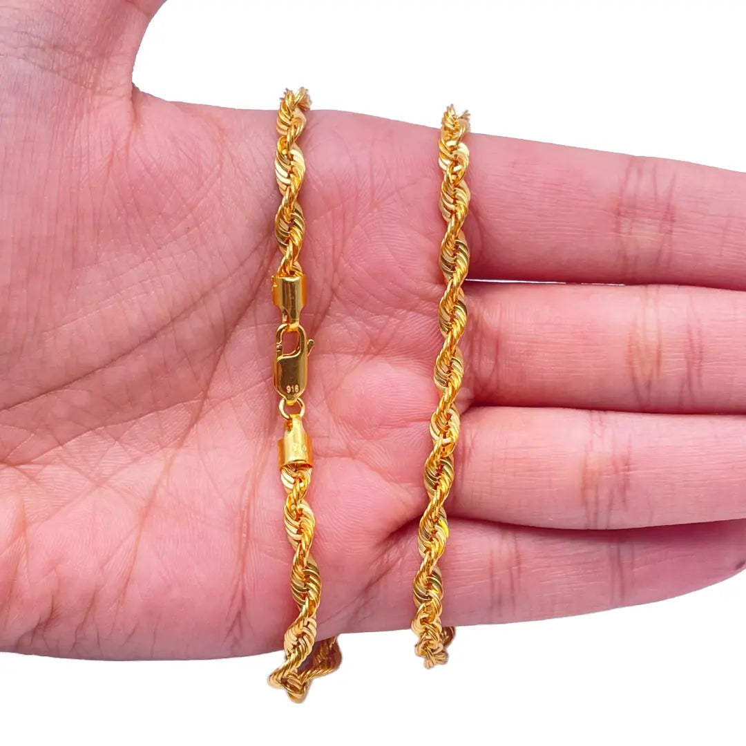 22ct Yellow Gold Light Rope Chain Necklace 22 Inches 4mm Width