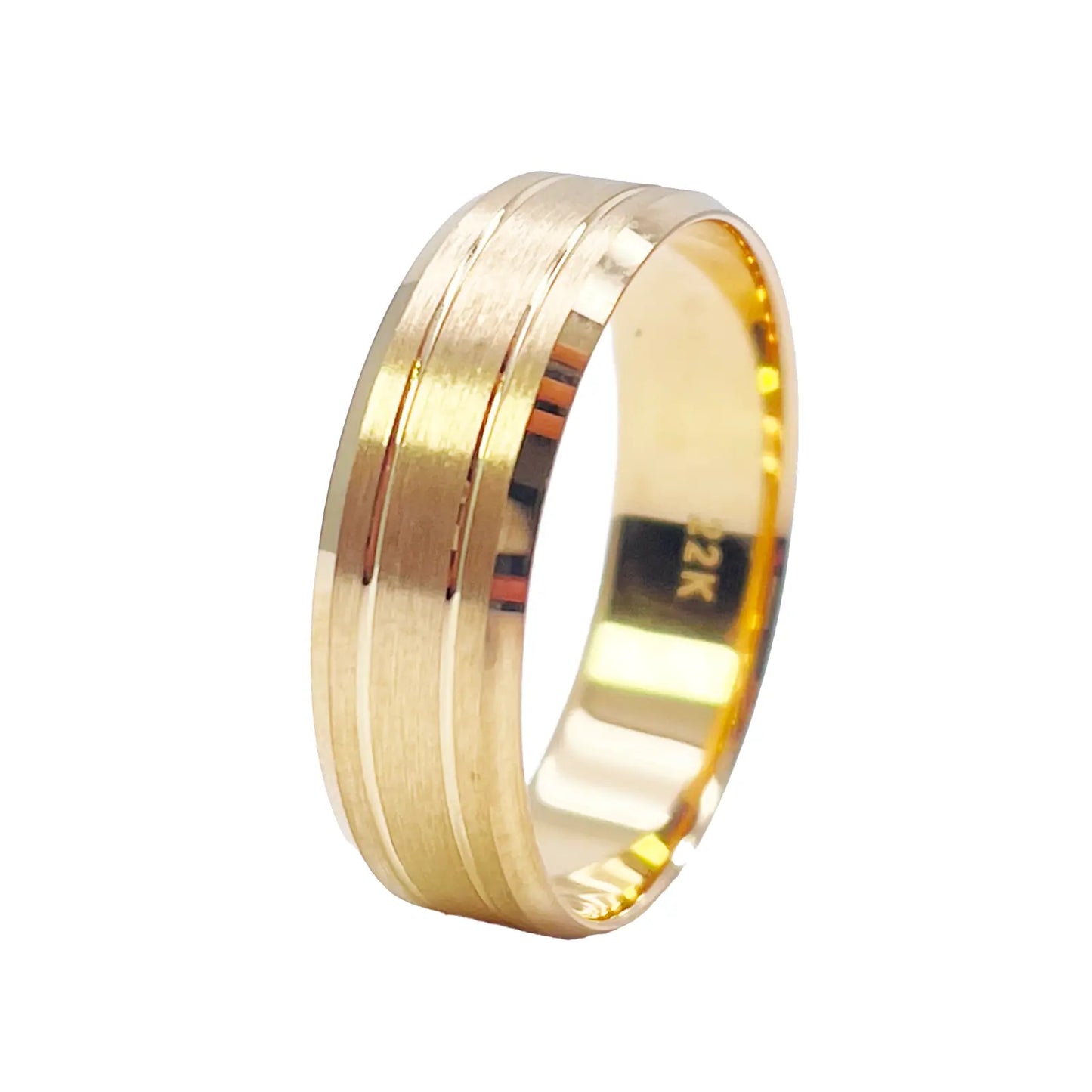 22ct Yellow Gold Matte Finish Double Groove & Bevelled Men's Wedding Band 6mm 