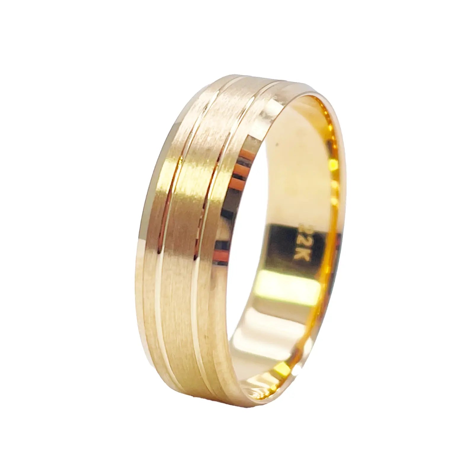 22ct Yellow Gold Matte Finish Double Groove & Bevelled Men's Wedding Band 6mm 