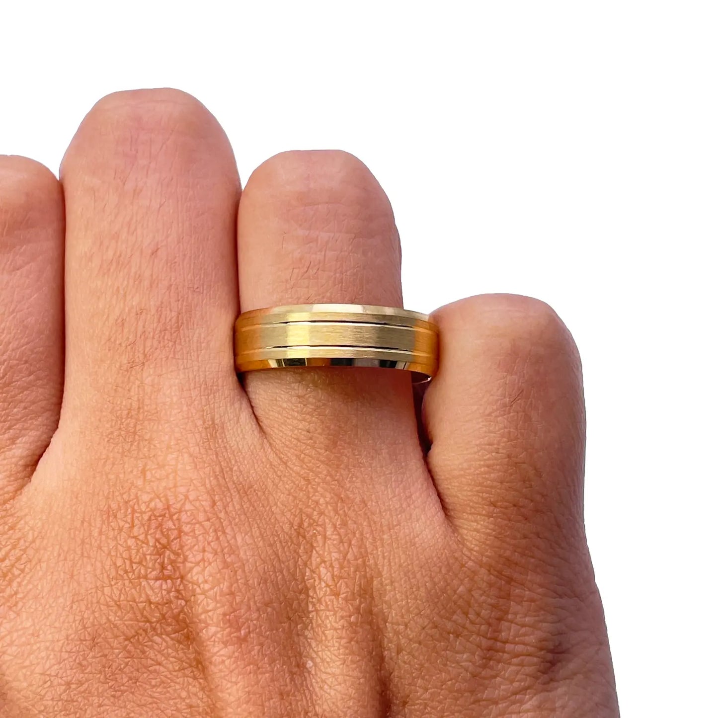 22ct Yellow Gold Matte Finish Double Groove & Bevelled Men's Wedding Band 6mm 