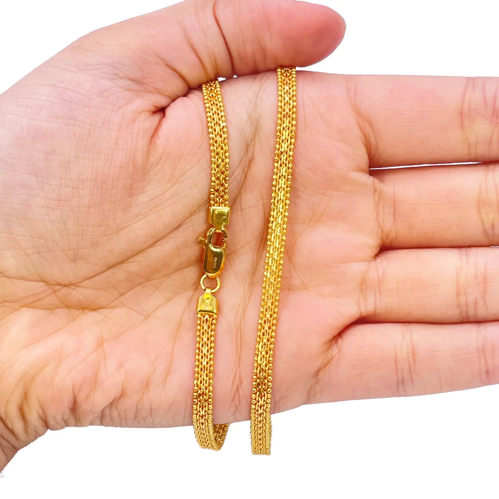 22ct Yellow Gold Mini Beaded Flat Link Chain Necklace 20 Inches 4mm Width 