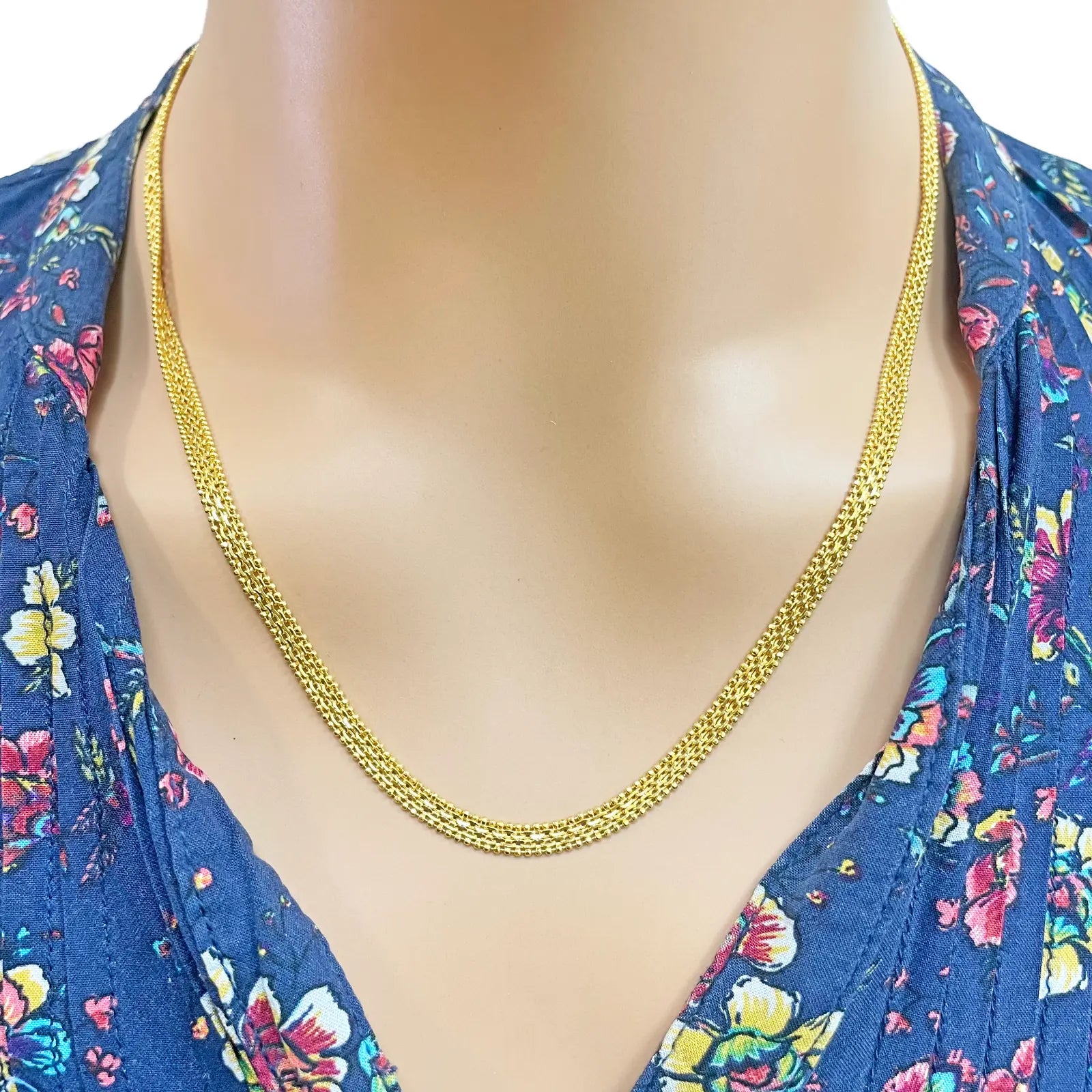 22ct Yellow Gold Mini Beaded Flat Link Chain Necklace 20 Inches 4mm Width 