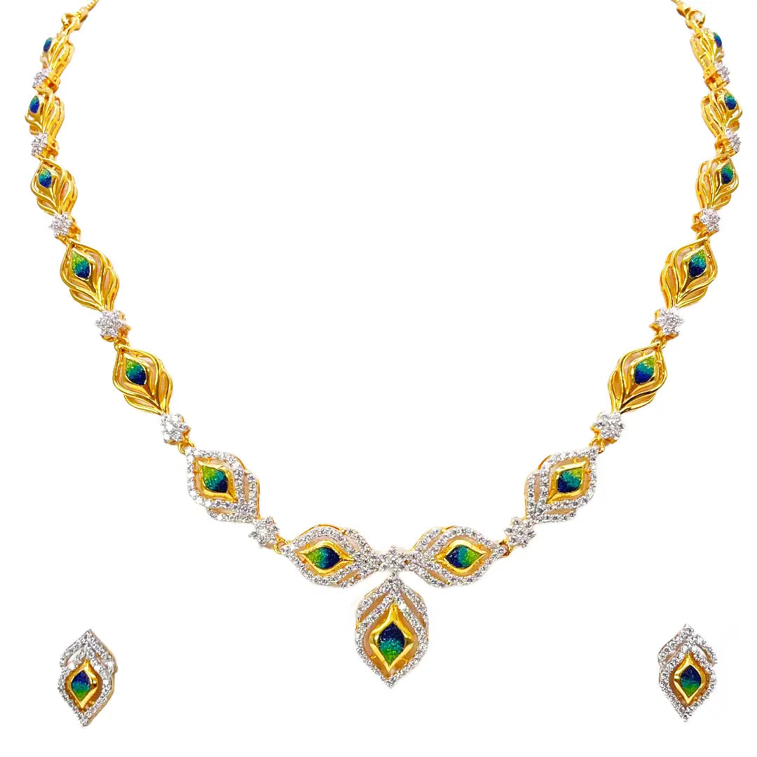 22ct Yellow Gold Peacock Feather Design Necklace & Stud Earrings Set 16 Inches  Diamond Bracelets