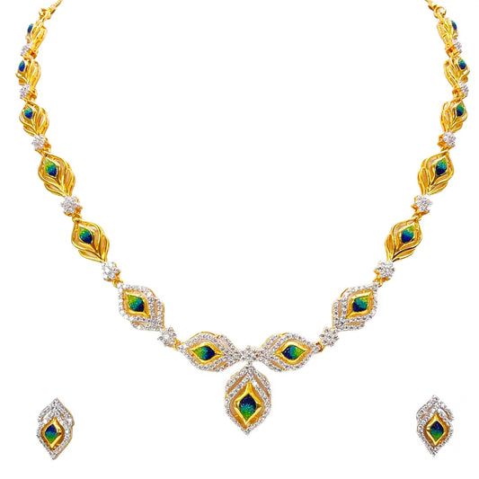 22ct Yellow Gold Peacock Feather Design Necklace & Stud Earrings Set 16 Inches  Diamond Bracelets