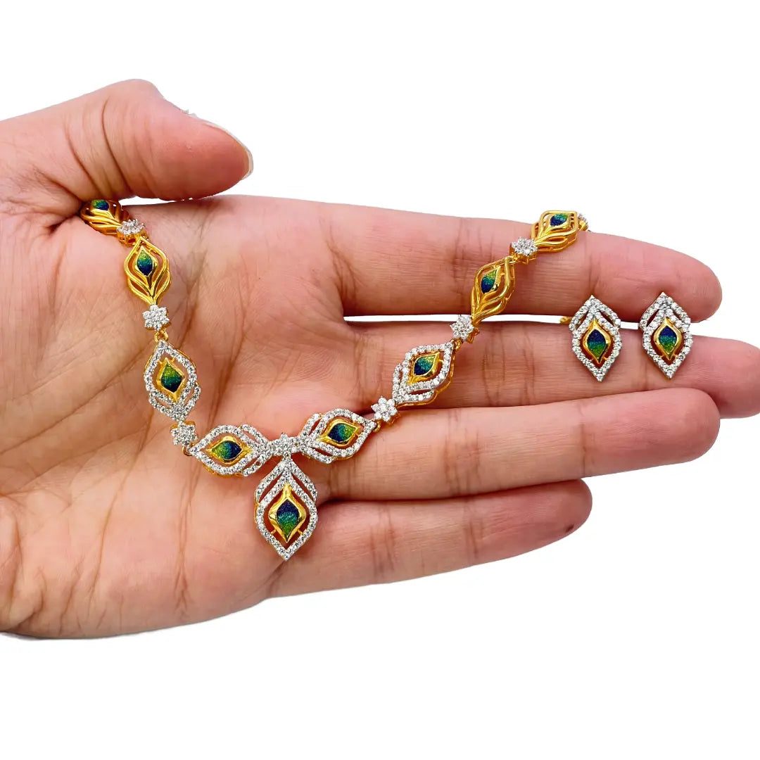 22ct Yellow Gold Peacock Feather Design Necklace & Stud Earrings Set 16 Inches  Diamond Bracelets