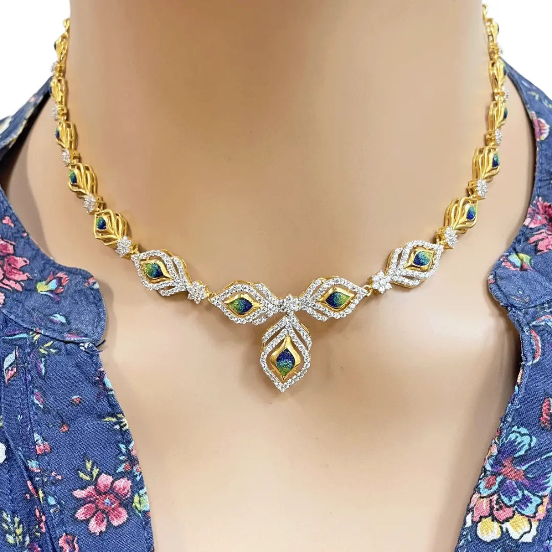 22ct Yellow Gold Peacock Feather Design Necklace & Stud Earrings Set 16 Inches  Diamond Bracelets