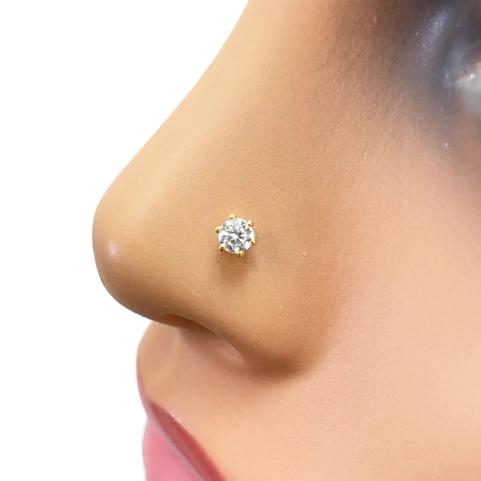 22ct Yellow Gold Six Claw Prong Cubic Zirconia Nose Stud/Pin 4mm Length 