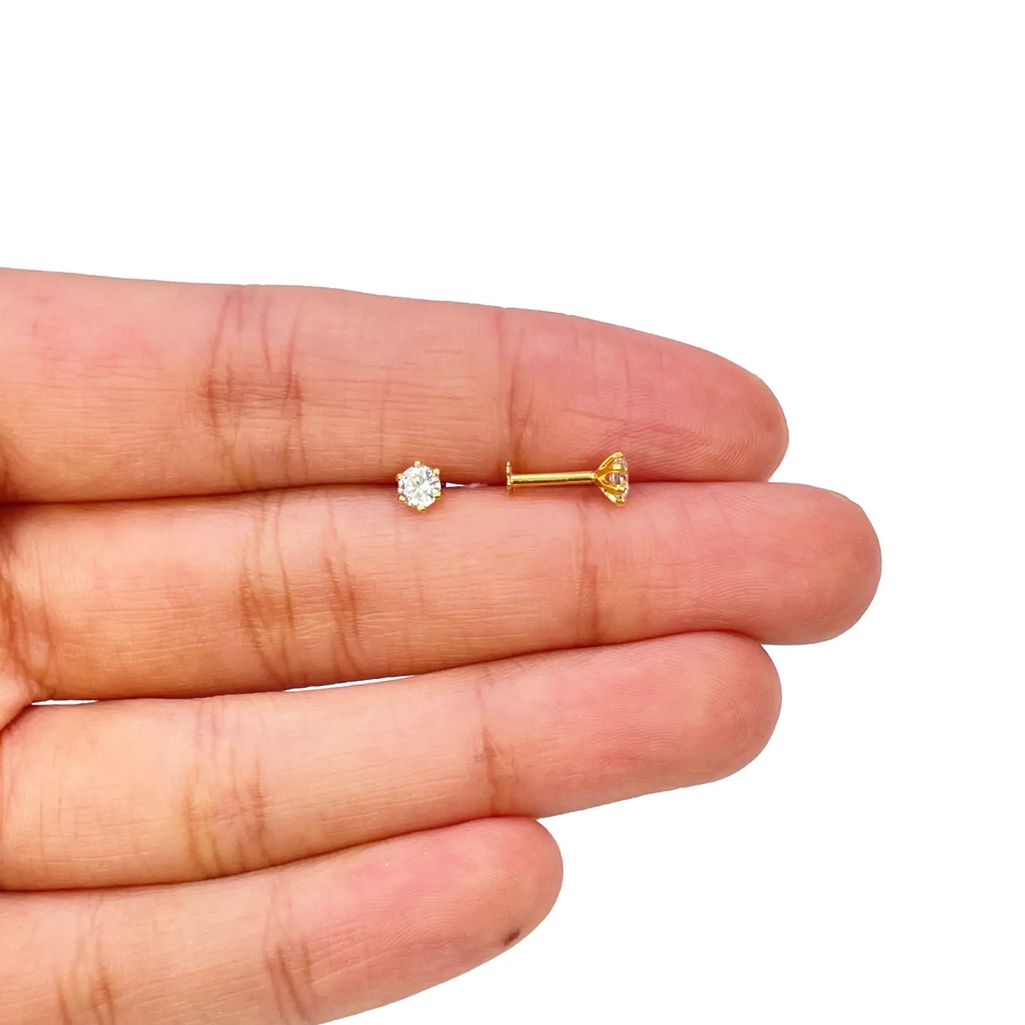 22ct Yellow Gold Six Claw Prong Cubic Zirconia Nose Stud/Pin 4mm Length 