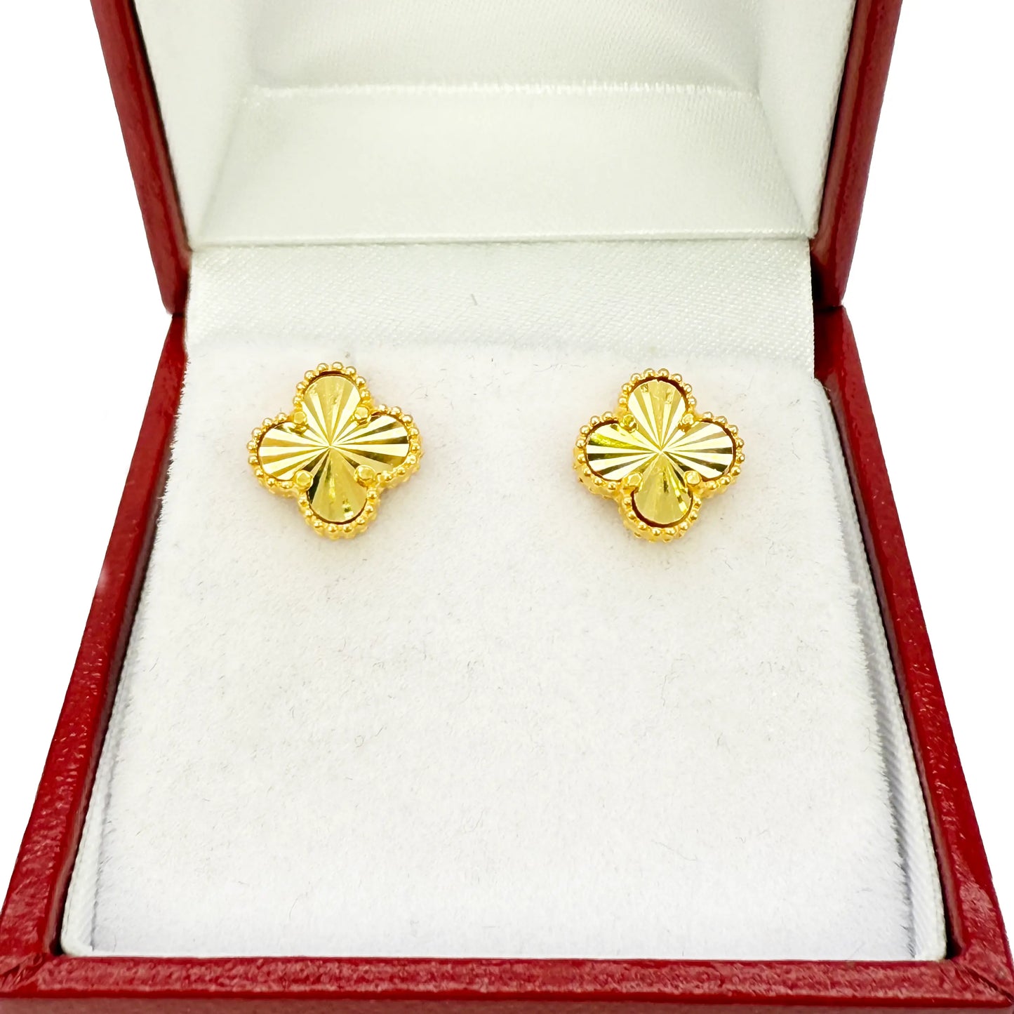 22ct Yellow Gold Small Diamond Cut Clover Stud Earrings 9mm Width 