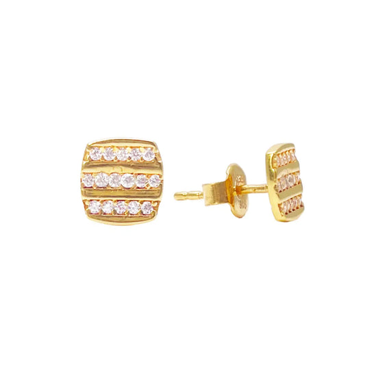 22ct Yellow Gold Square Three Row Cubic Zirconia Button Earrings Set 7mm Length 