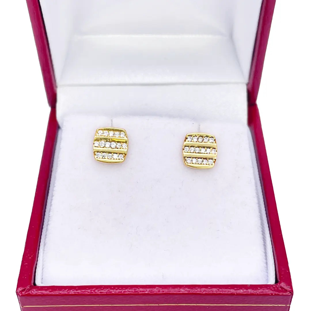 22ct Yellow Gold Square Three Row Cubic Zirconia Button Earrings Set 7mm Length 