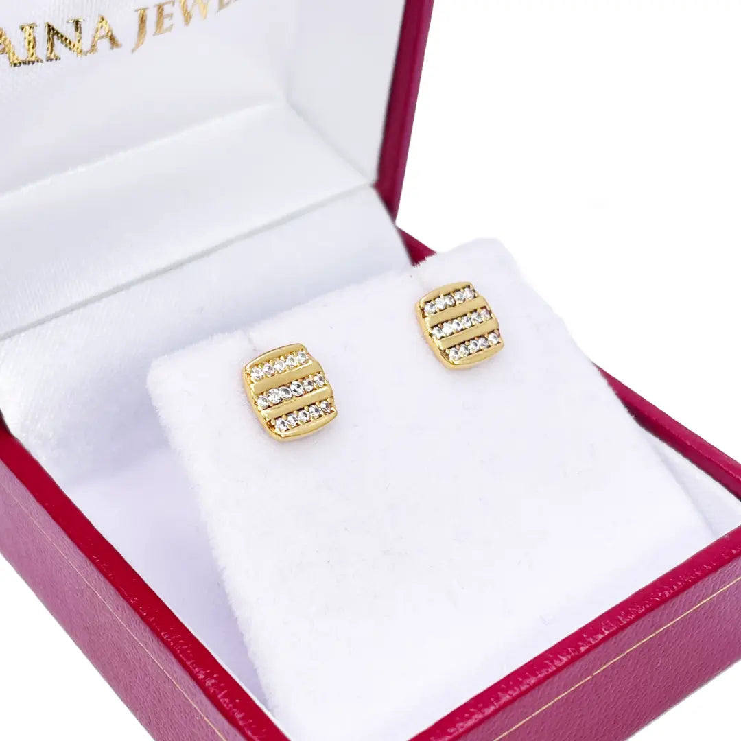 22ct Yellow Gold Square Three Row Cubic Zirconia Button Earrings Set 7mm Length 