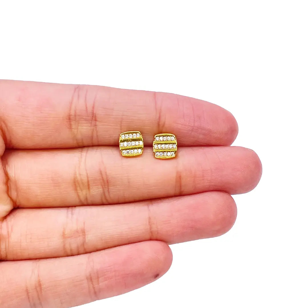 22ct Yellow Gold Square Three Row Cubic Zirconia Button Earrings Set 7mm Length 