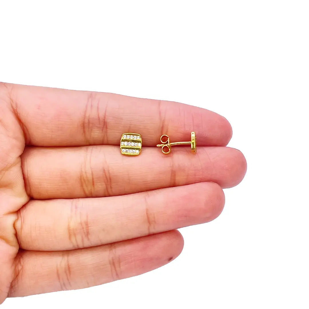 22ct Yellow Gold Square Three Row Cubic Zirconia Button Earrings Set 7mm Length 