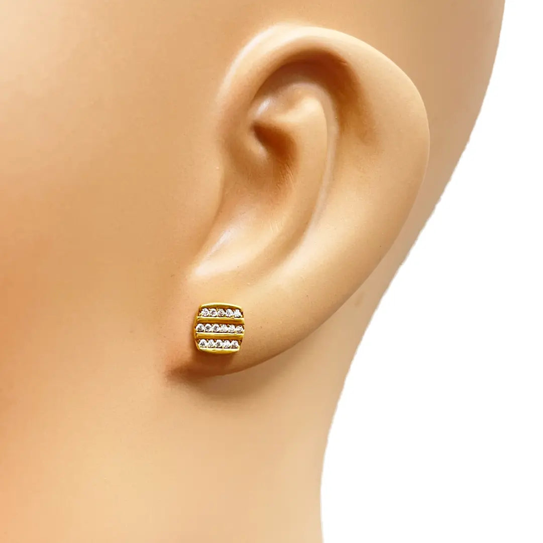 22ct Yellow Gold Square Three Row Cubic Zirconia Button Earrings Set 7mm Length 