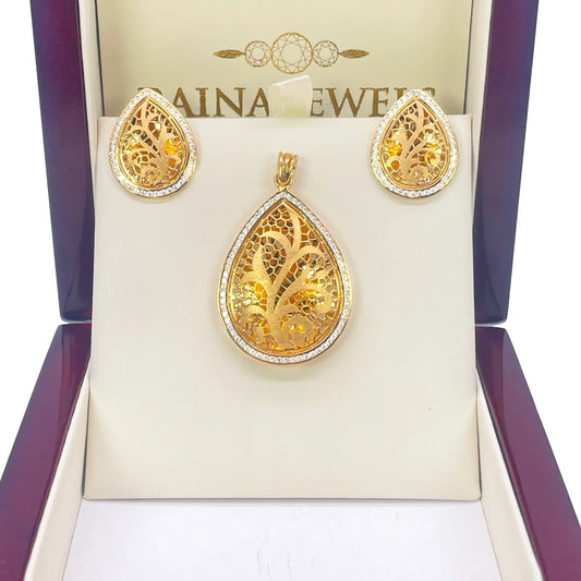 22ct Yellow Gold Teardrop Floral Dome Halo Pendant and Teardrop Earrings Set 