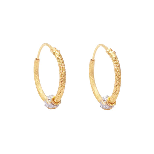22ct Yellow Gold Textured Two-Tone Beaded Hoop Huggie Earrings 14mm Diameter 