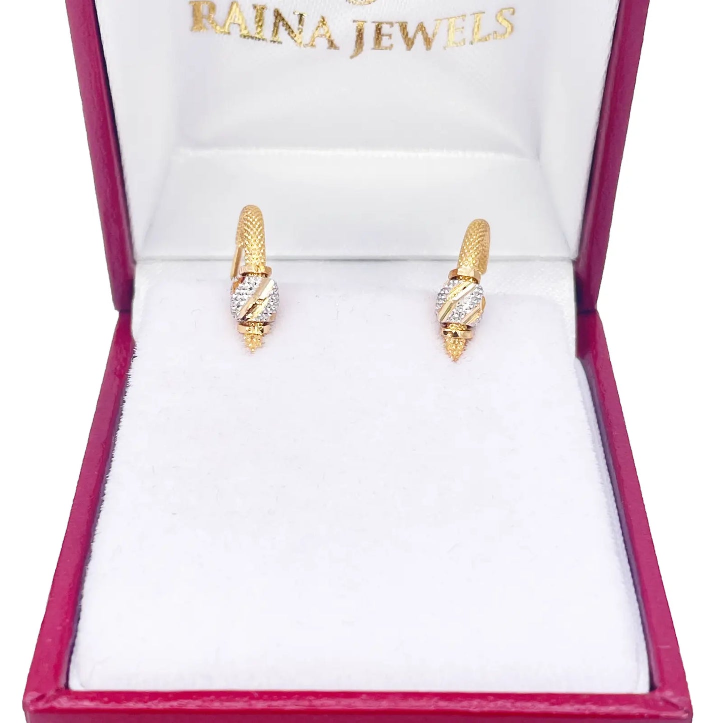 22ct Yellow Gold Textured Two-Tone Beaded Hoop Huggie Earrings 14mm Diameter  Gold earring