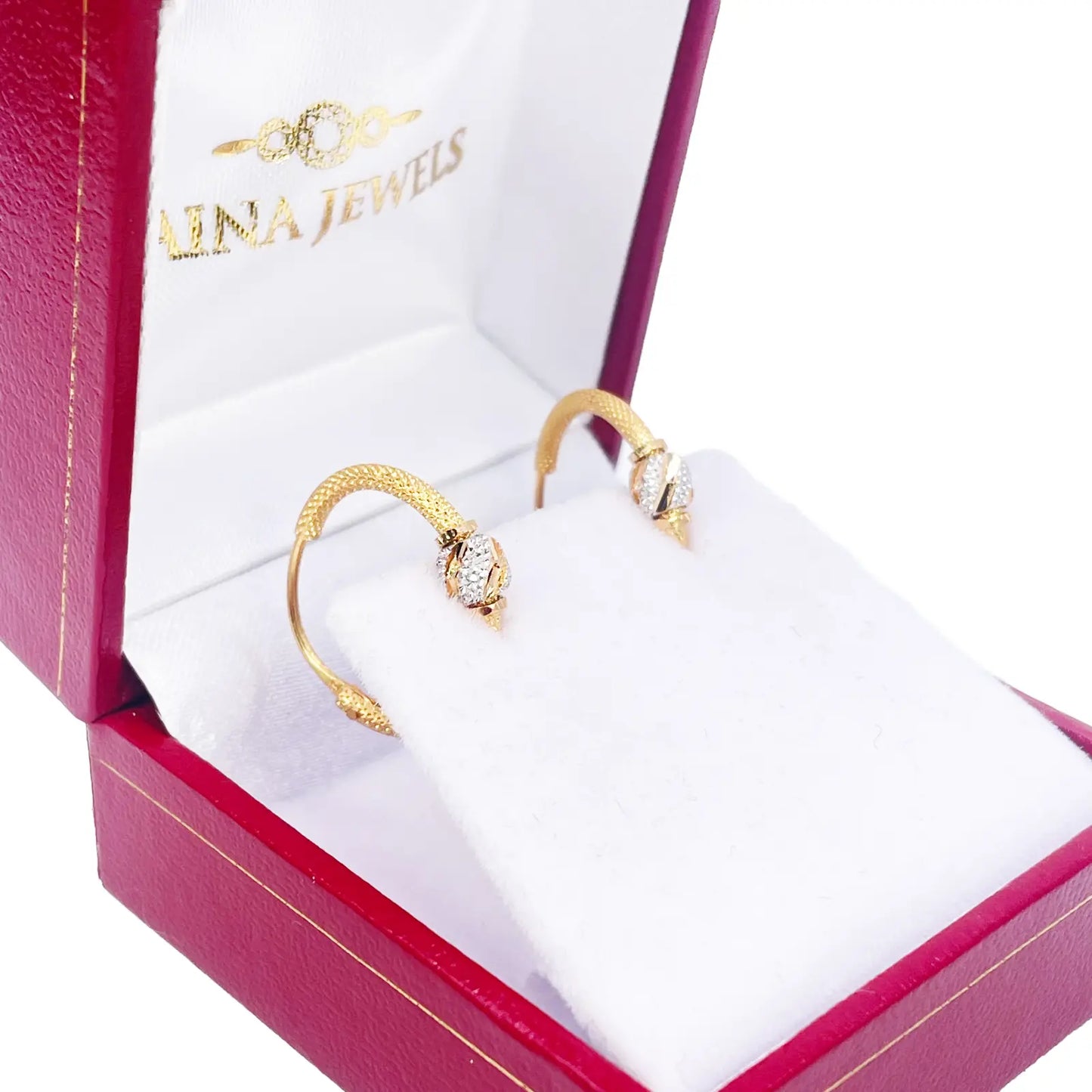 22ct Yellow Gold Textured Two-Tone Beaded Hoop Huggie Earrings 14mm Diameter  Gold earring