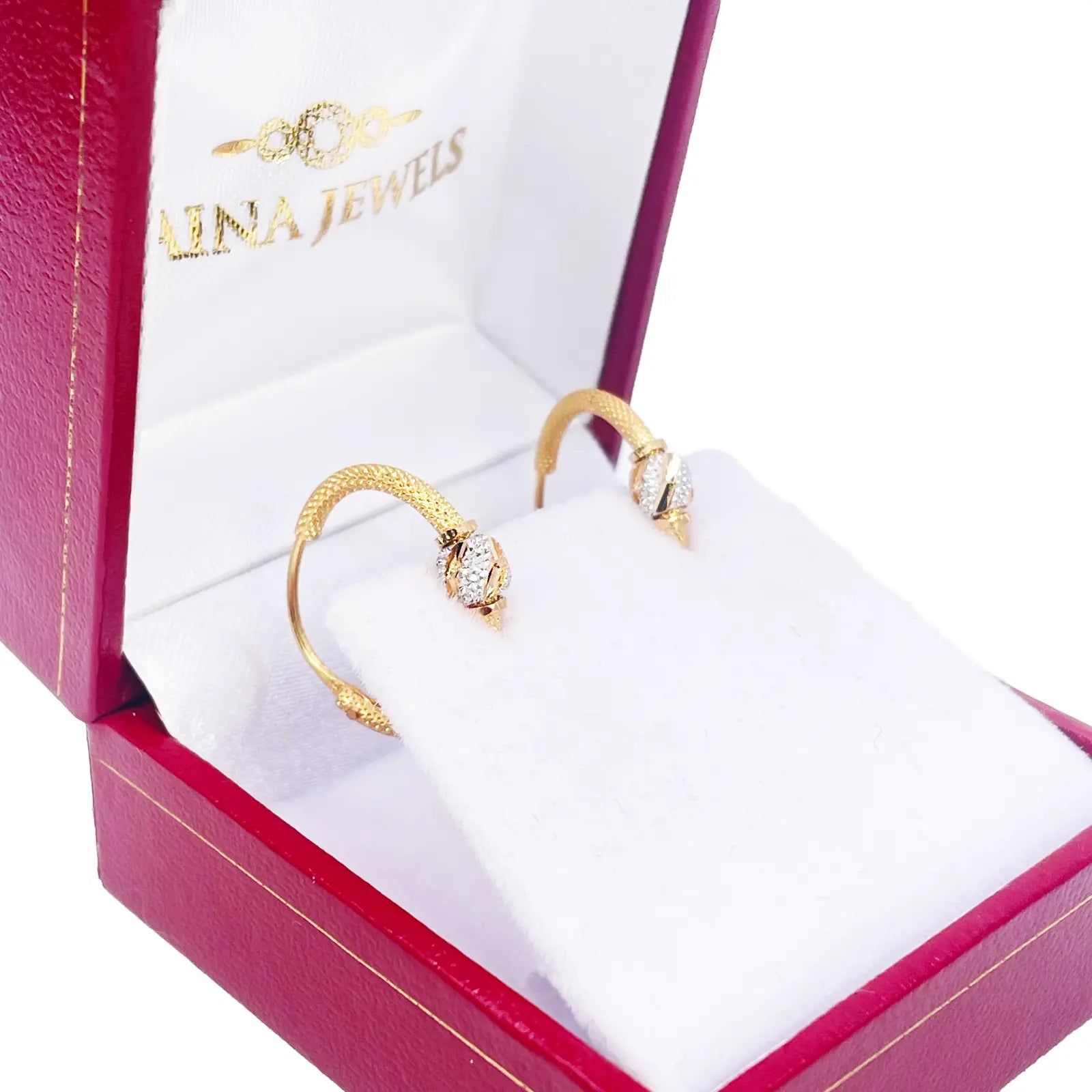 22ct Yellow Gold Textured Two-Tone Beaded Hoop Huggie Earrings 14mm Diameter  Gold earring