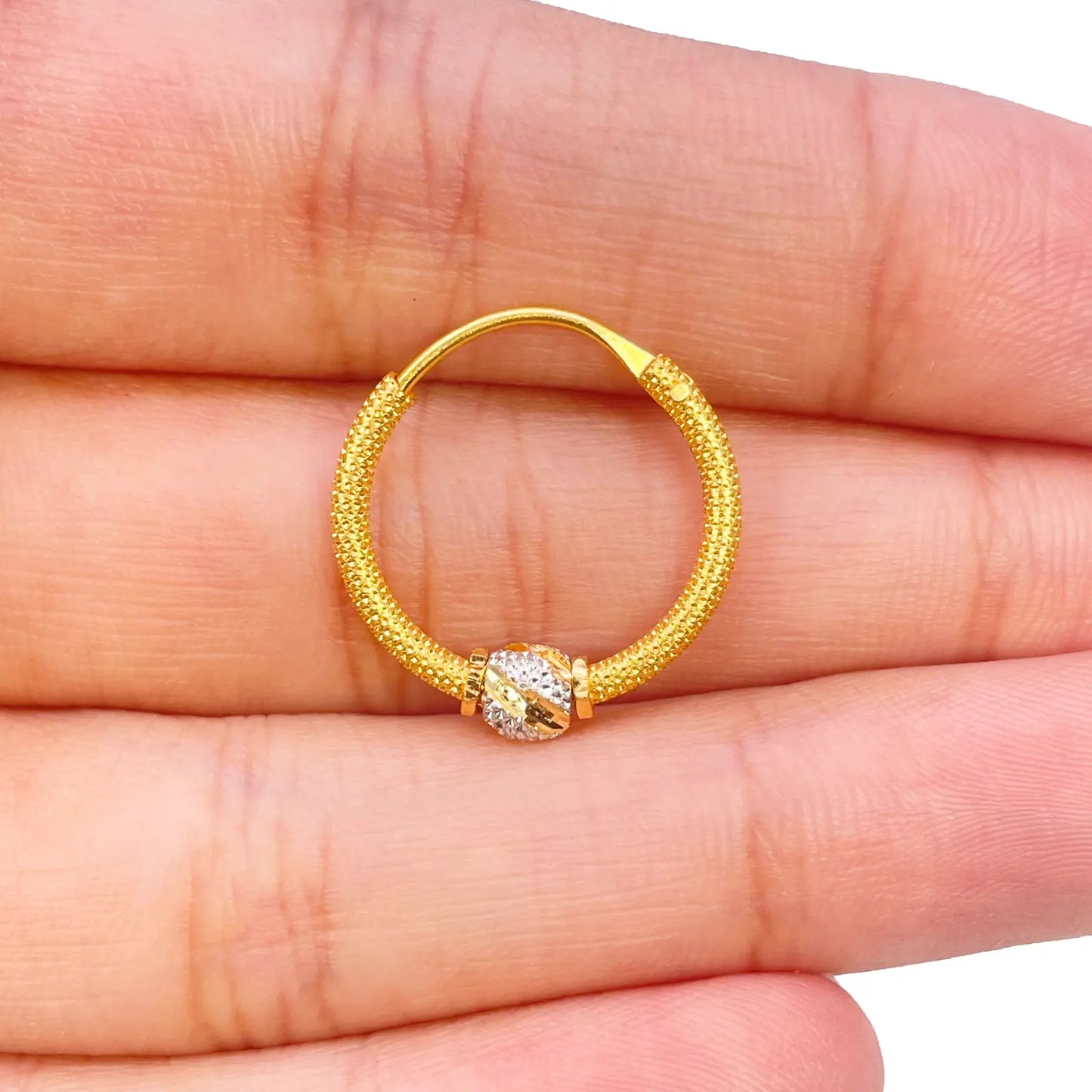 22ct Yellow Gold Textured Two-Tone Beaded Hoop Huggie Earrings 14mm Diameter  Gold earring