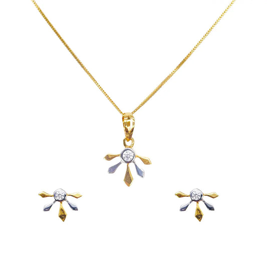 22ct Yellow Gold Two-Tone Cubic Zirconia Floral Pendant, Chain & Stud Earrings Set 