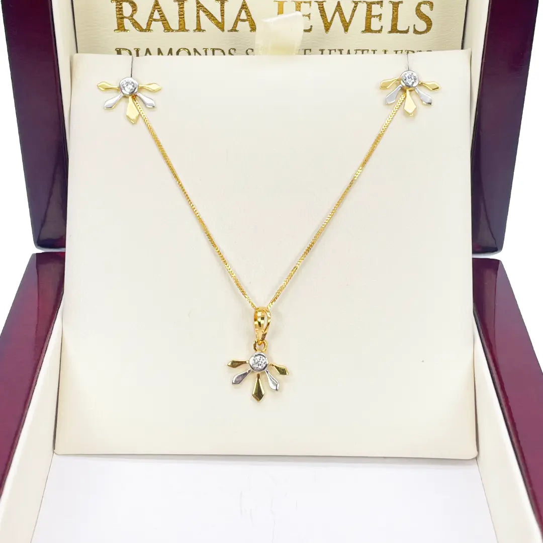 22ct Yellow Gold Two-Tone Cubic Zirconia Floral Pendant, Chain & Stud Earrings Set 