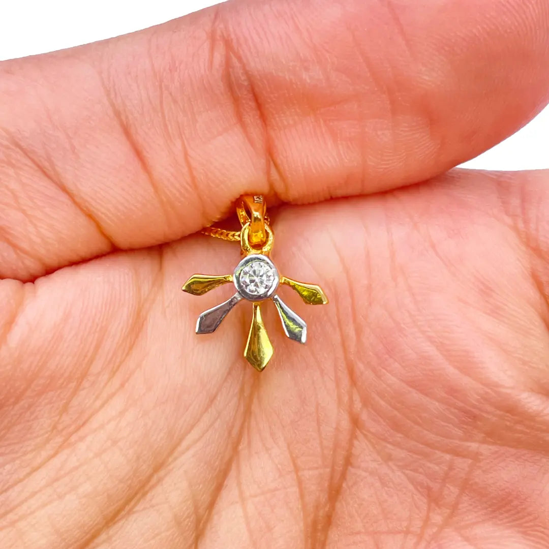 22ct Yellow Gold Two-Tone Cubic Zirconia Floral Pendant, Chain & Stud Earrings Set 