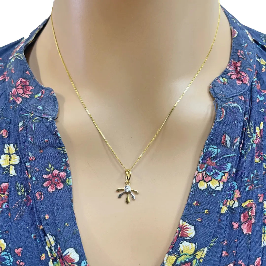 22ct Yellow Gold Two-Tone Cubic Zirconia Floral Pendant, Chain & Stud Earrings Set 