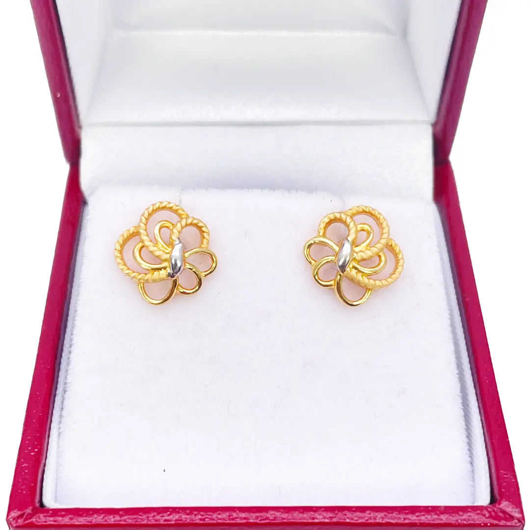 22ct Yellow Gold Two-Tone Floral Textured Design Ladies Stud Earrings 9.7mm 