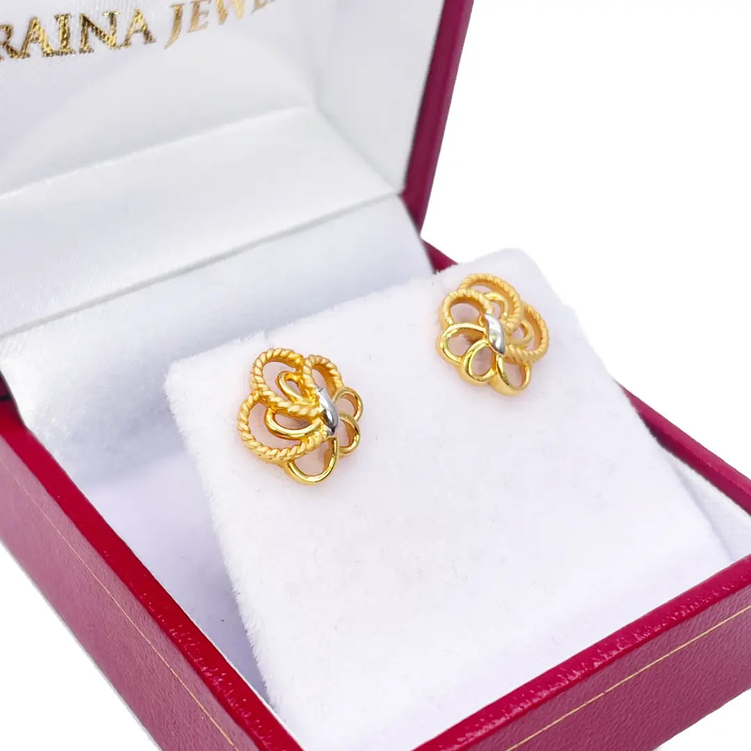 22ct Yellow Gold Two-Tone Floral Textured Design Ladies Stud Earrings 9.7mm 
